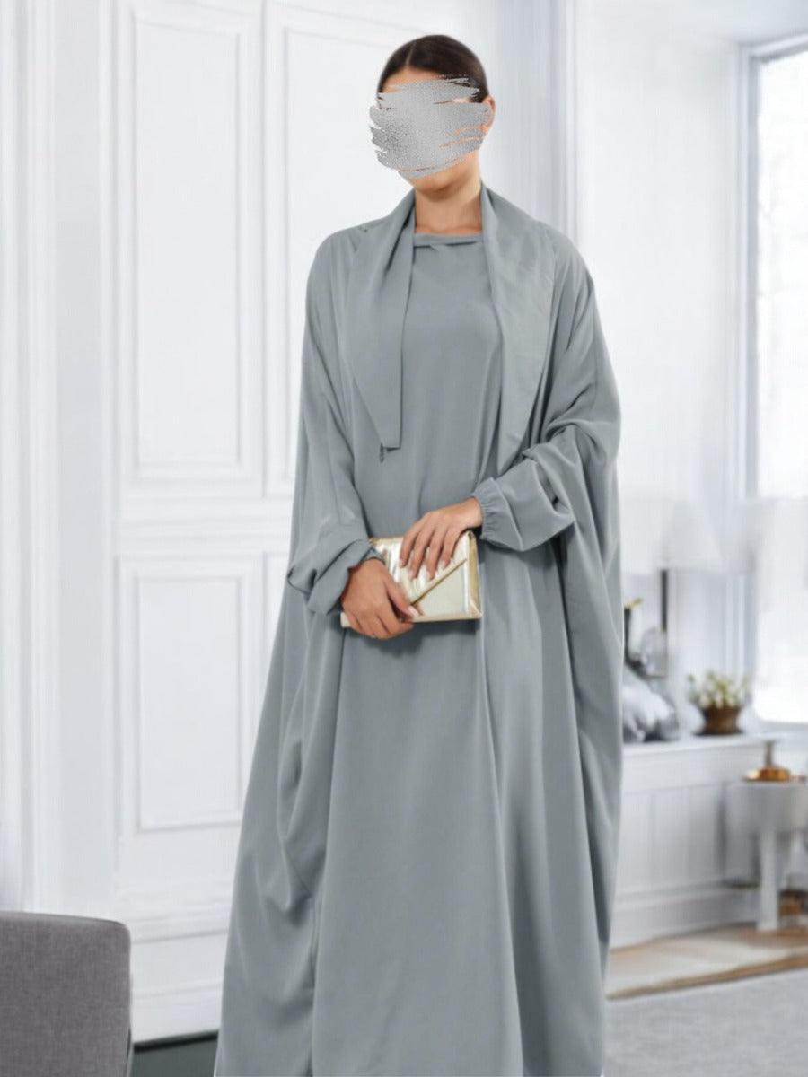 Designer Kaftan Abaya in Luxurious Firdaus Fabric with Elasticated Sleeves and Attached Scarf