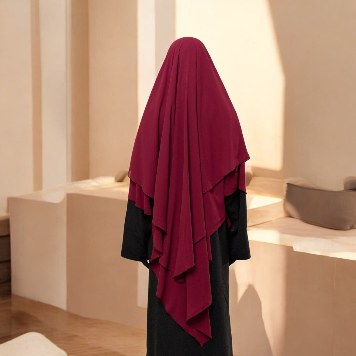 Bashariya Maroon Color Two-Layer Triangle Prayer Khimar Hijab with Attached Mouthpiece | Ready-to-Wear with Tie-Back Design in Soft Georgette Fabric