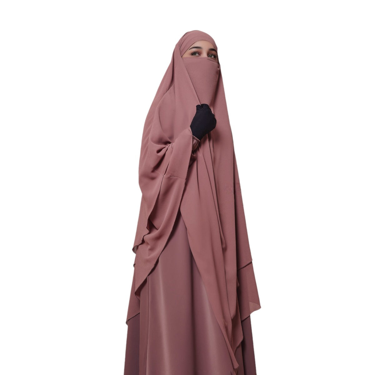 Bashariya Puce Pink Color Three-Layer Triangular Long Prayer Khimar Hijab with Attached Mouthpiece|Short Jilbab