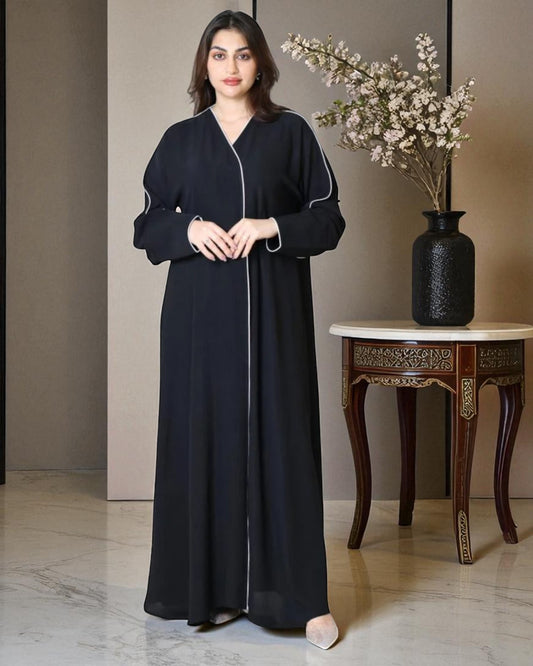 Angrakha Style Abaya for Woman in Cey Crush Fabric with White Piping
