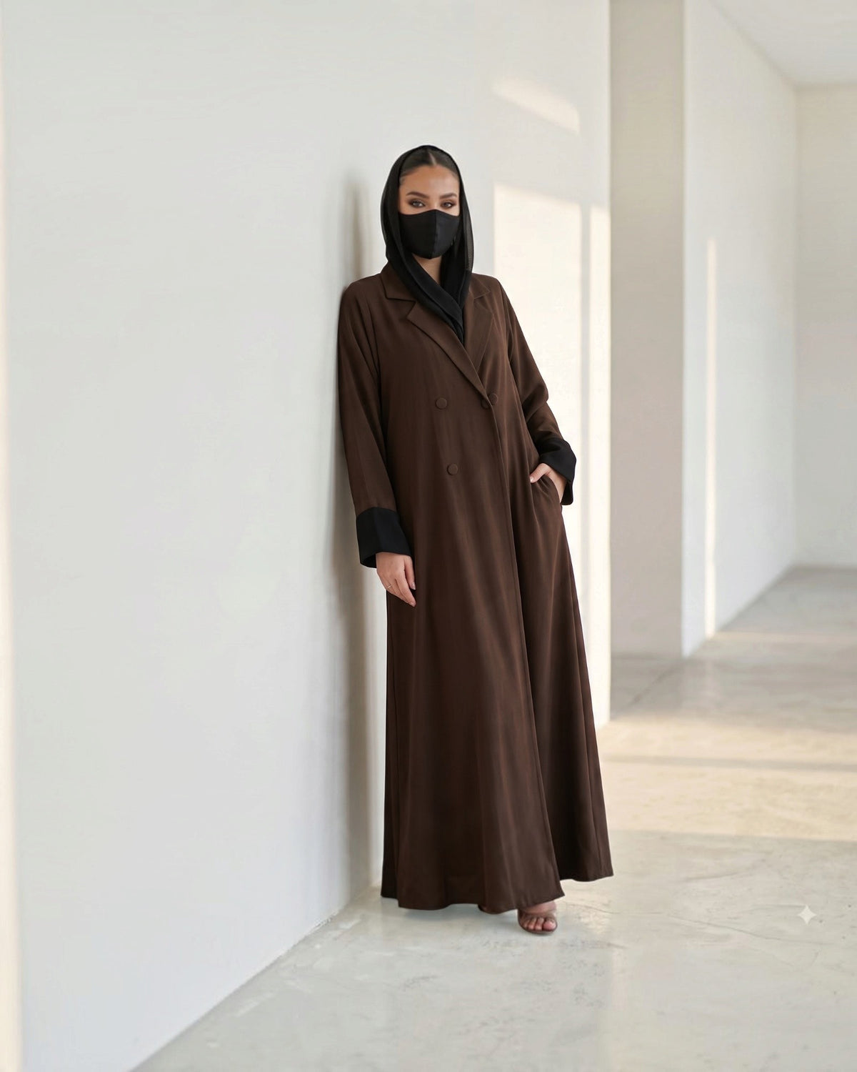Elegant Double-Breasted Coat Style Abaya with Contrast Collar