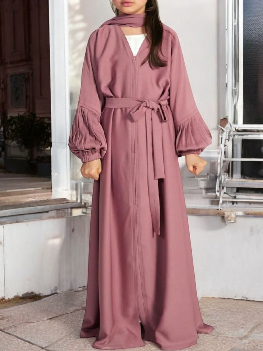 Three-Piece Abaya Set with Cardigan, Hijab, and Belt