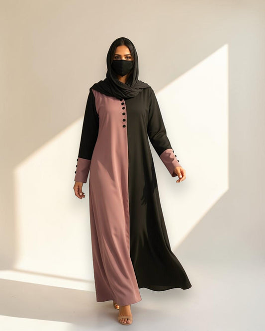Color-Blocked V-Neck Praada Abaya with Fabric Buttons & Side Pockets