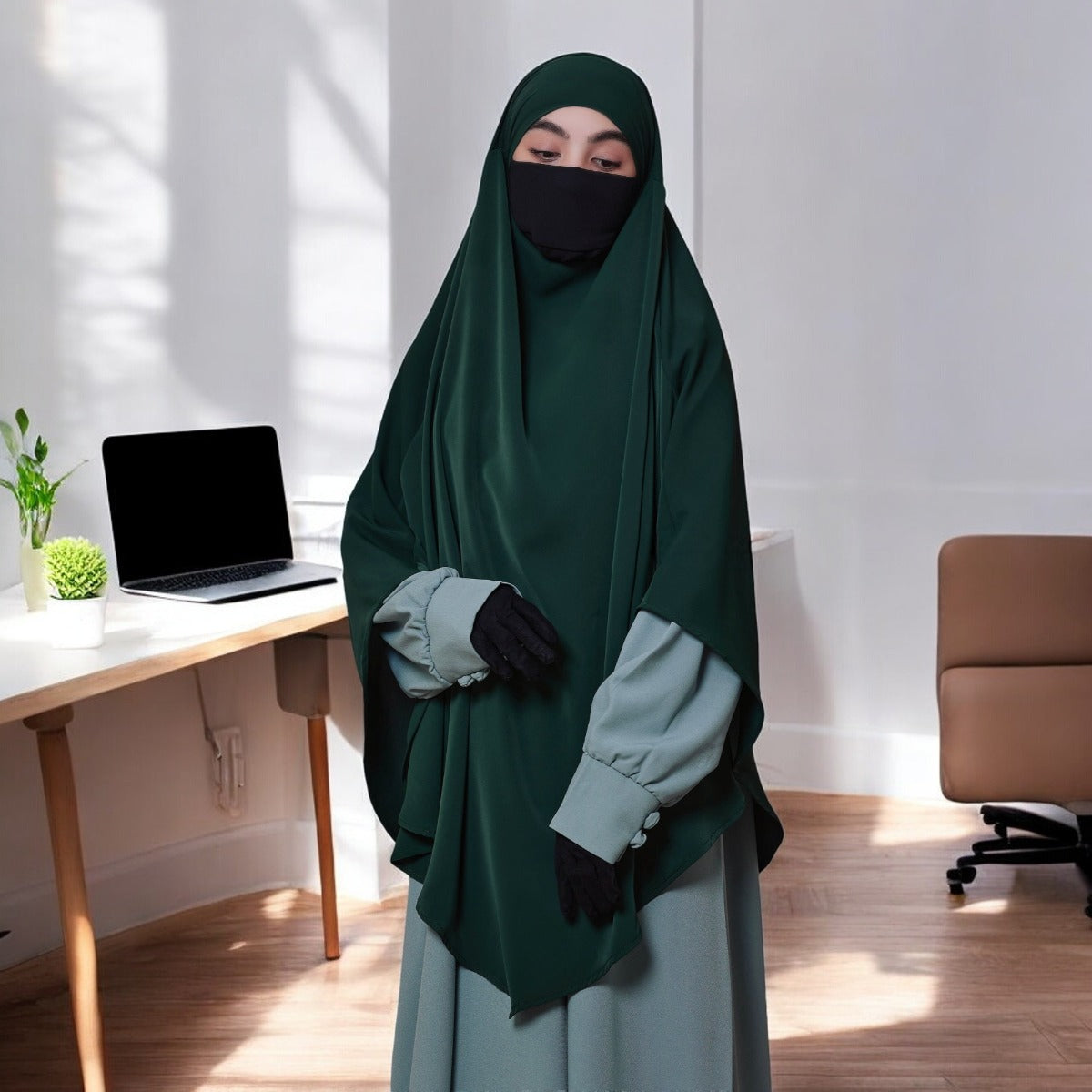 Bashariya Green Color Two-Layer Triangle Prayer Khimar hijab with Attached Mouthpiece