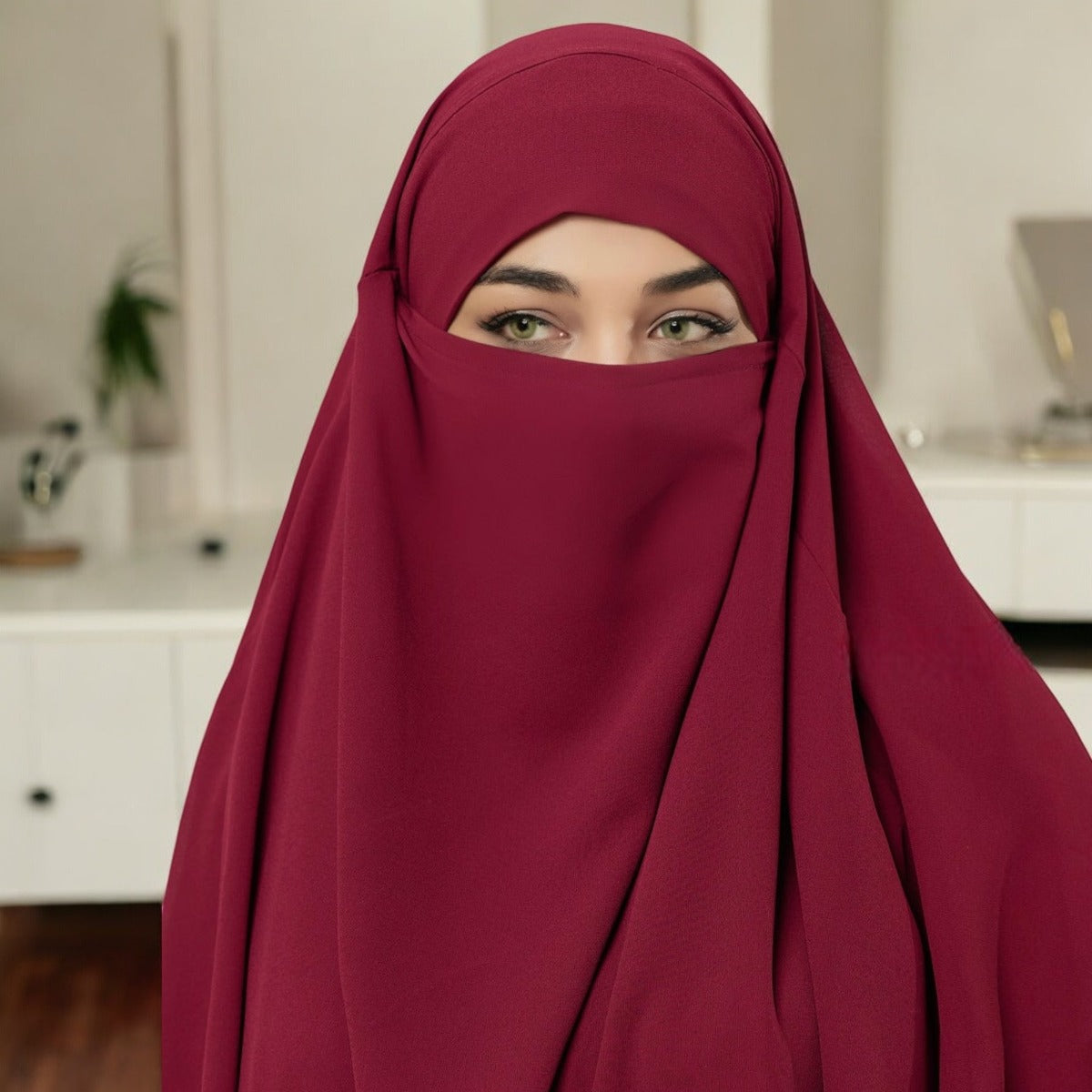 Bashariya Maroon Color Two-Layer Triangle Prayer Khimar Hijab with Attached Mouthpiece | Ready-to-Wear with Tie-Back Design in Soft Georgette Fabric