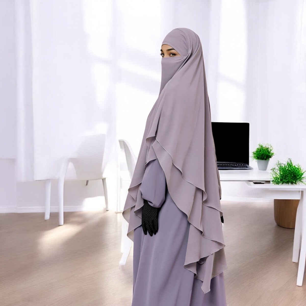 Bashariya Stone Grey Color Three-Layer Triangular Long Prayer Khimar Hijab with Attached Mouthpiece|Short Jilbab | Ready-to-Wear with Tie-Back Design in Georgette Fabric