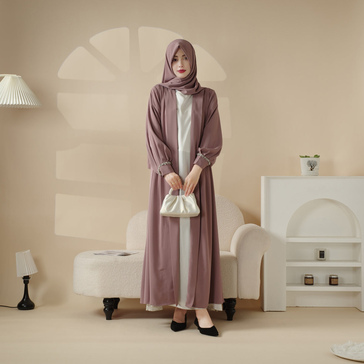 Luxurious Three-Piece Abaya Set with Designer Sleeves