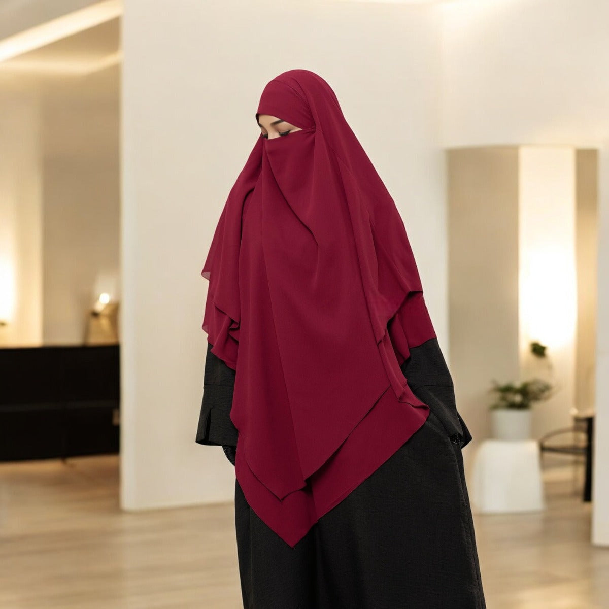Bashariya Maroon Color Two-Layer Triangle Prayer Khimar Hijab with Attached Mouthpiece | Ready-to-Wear with Tie-Back Design in Soft Georgette Fabric