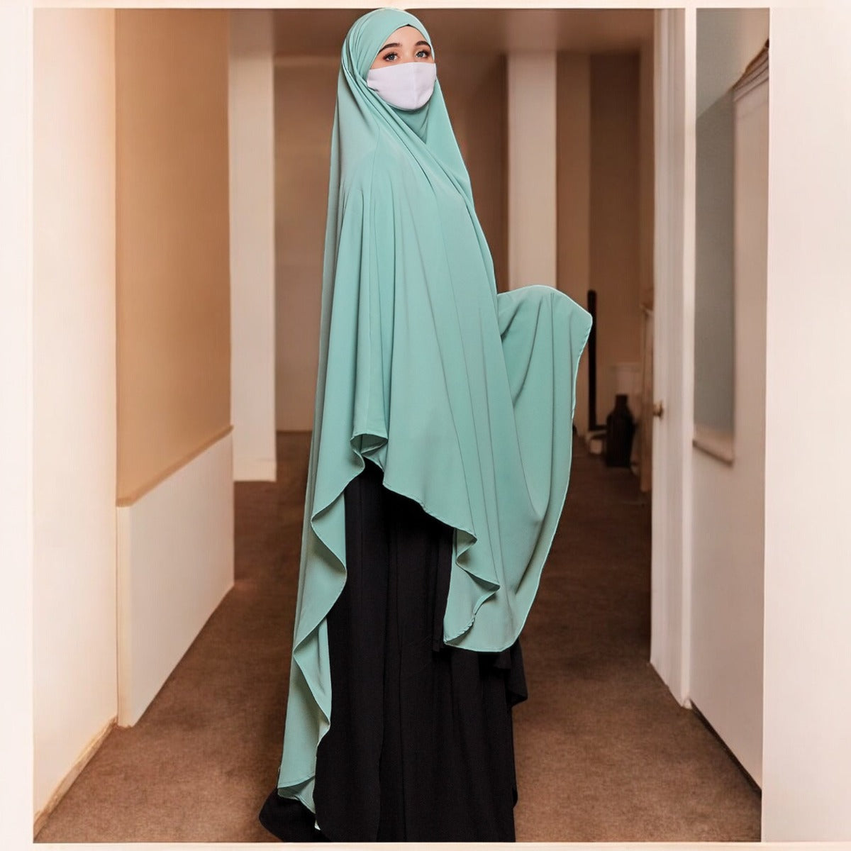 Bashariya Sky Blue Color Long Prayer Khimar hijab with Attached Mouthpiece