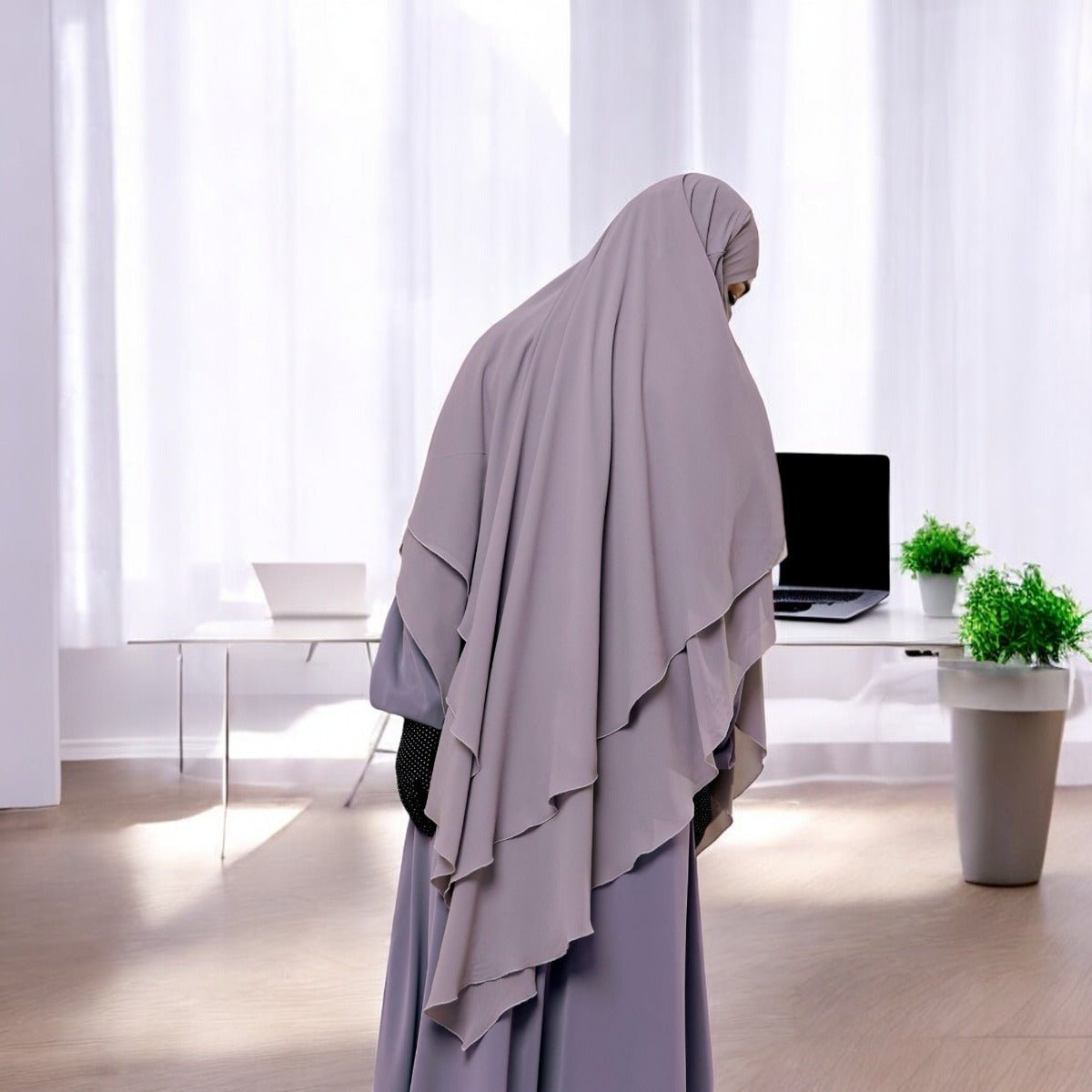 Bashariya Stone Grey Color Three-Layer Triangular Long Prayer Khimar Hijab with Attached Mouthpiece|Short Jilbab | Ready-to-Wear with Tie-Back Design in Georgette Fabric