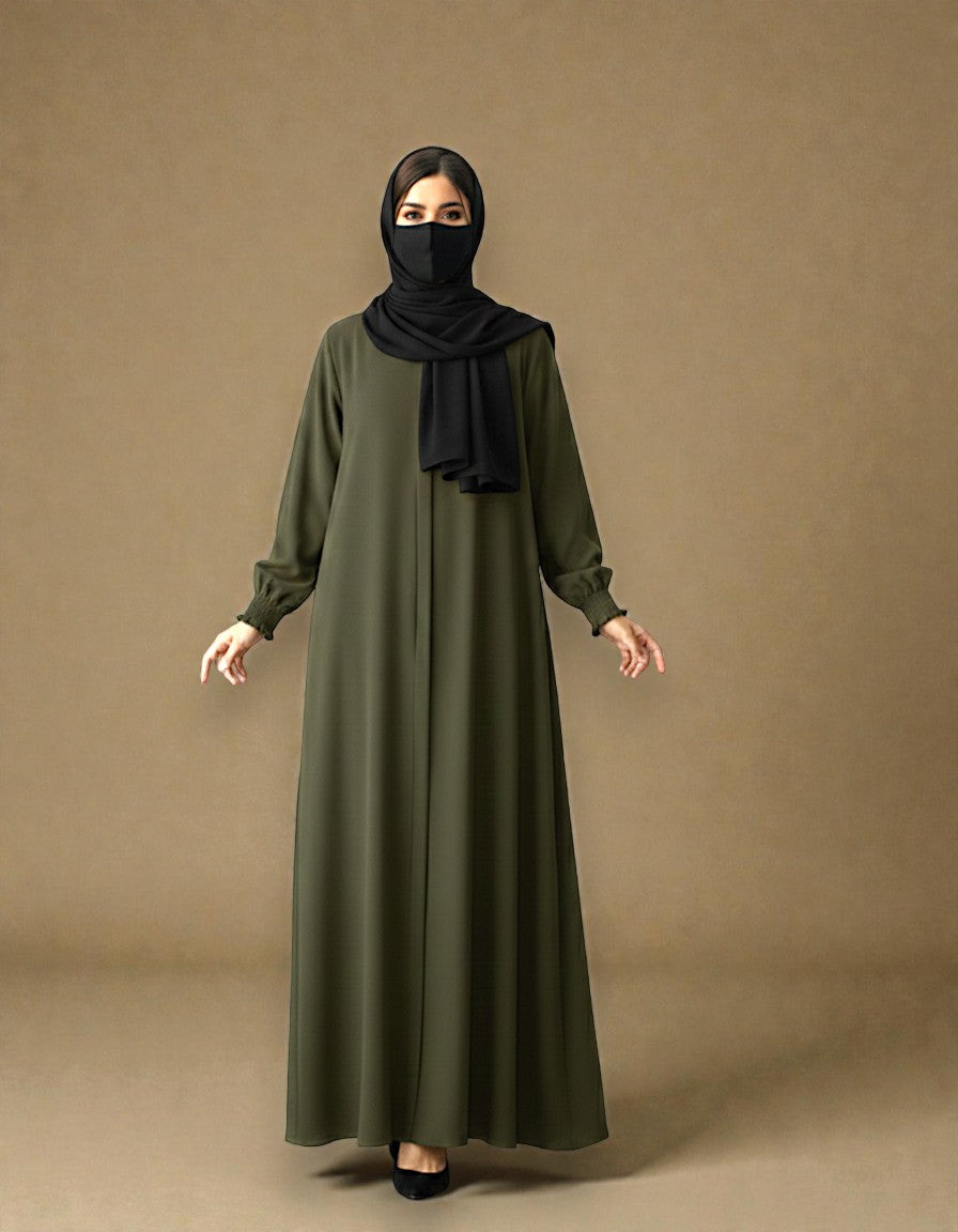 Front Open Abaya with Zipper Opening, Umbrella Flare and Matching Belt