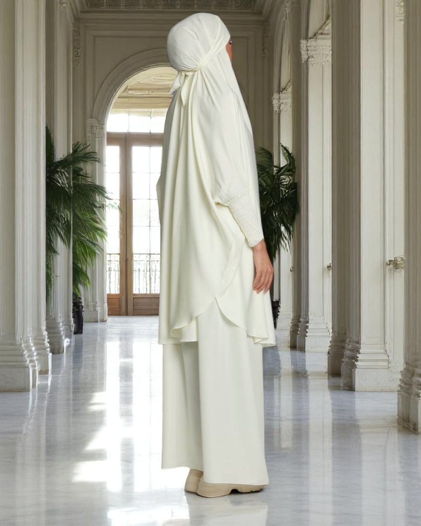 Elegant Two Piece Jilbab Set in Luxurious Nida Satin Fabric with Flared Skirt and Full Size Khimar