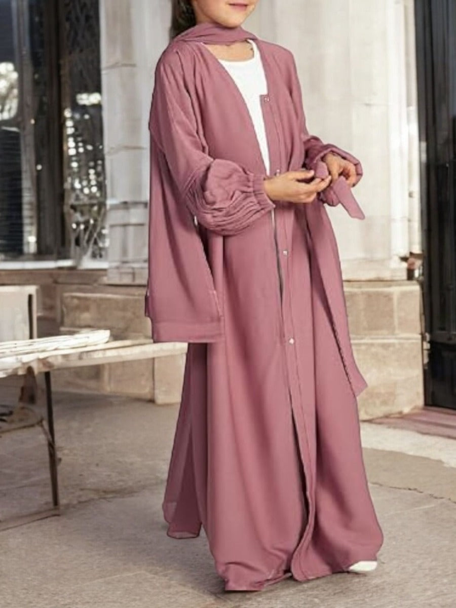 Three-Piece Abaya Set with Cardigan, Hijab, and Belt