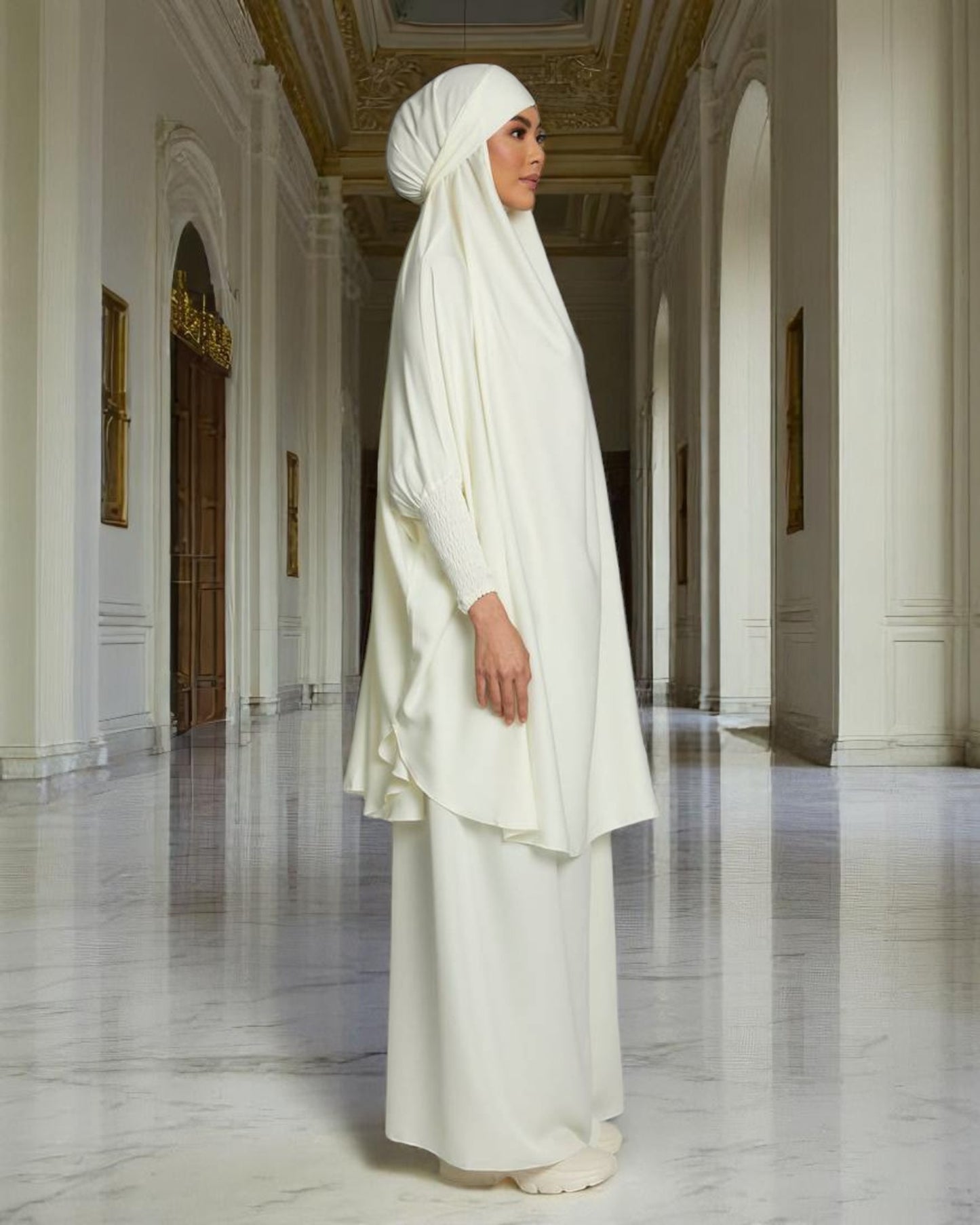 Elegant Two Piece Jilbab Set in Luxurious Nida Satin Fabric with Flared Skirt and Full Size Khimar