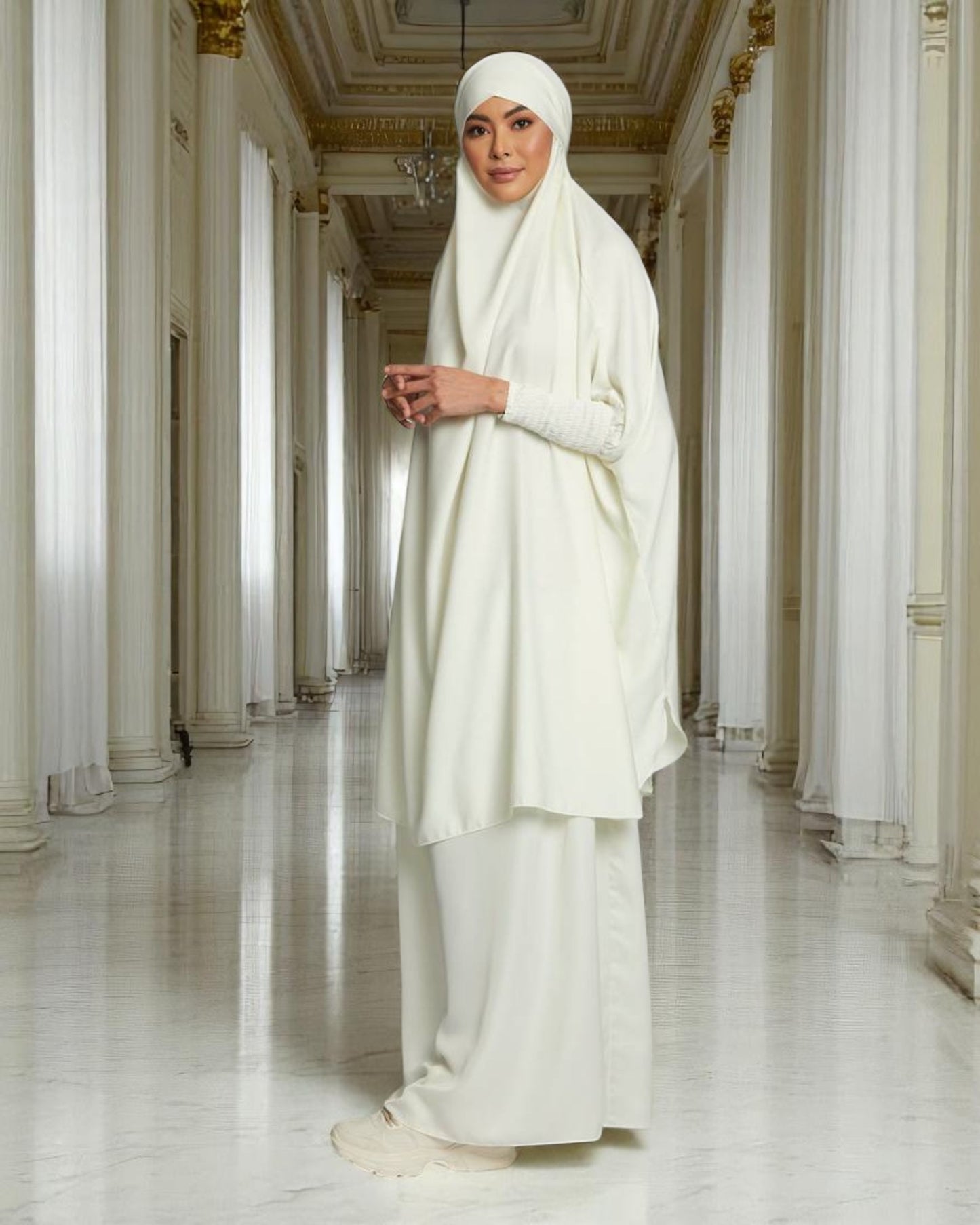 Elegant Two Piece Jilbab Set in Luxurious Nida Satin Fabric with Flared Skirt and Full Size Khimar