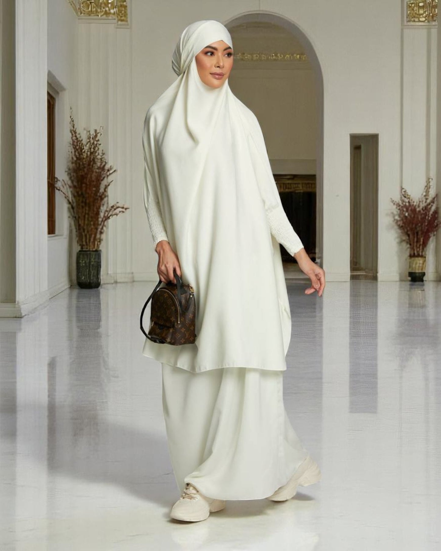 Elegant Two Piece Jilbab Set in Luxurious Nida Satin Fabric with Flared Skirt and Full Size Khimar