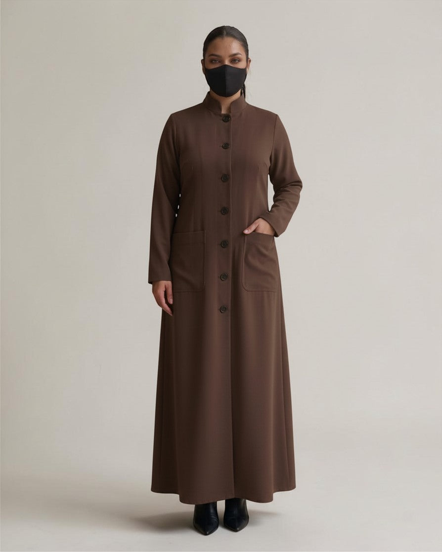 Latest Coat Abaya with Soft Shoulder Pads and Mandarin Collar| Brown