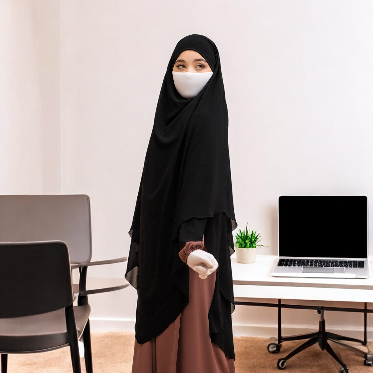 Bashariya Black Color Two-Layer Triangle Prayer Khimar Hijab with Attached Mouthpiece | Ready-to-Wear with Tie-Back Design in Soft Georgette Fabric