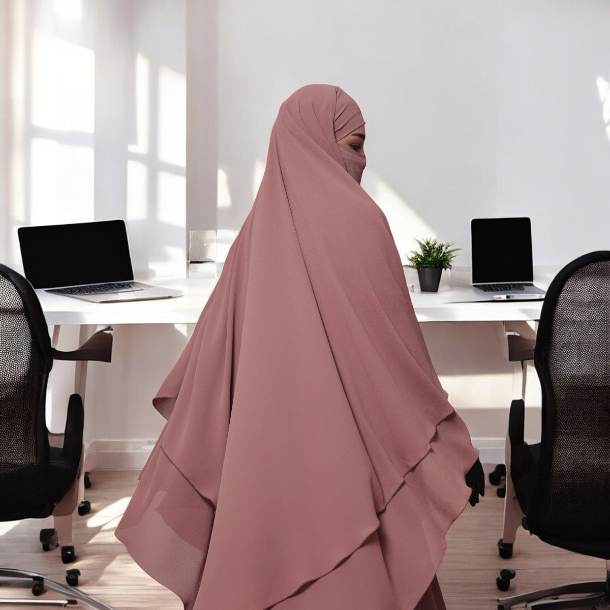 Bashariya Puce Pink Color Three-Layer Triangular Long Prayer Khimar Hijab with Attached Mouthpiece|Short Jilbab