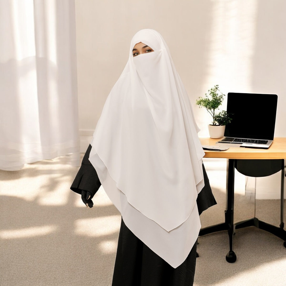 Bashariya White Color Three-Layer Triangular Long Prayer Khimar Hijab with Attached Mouthpiece