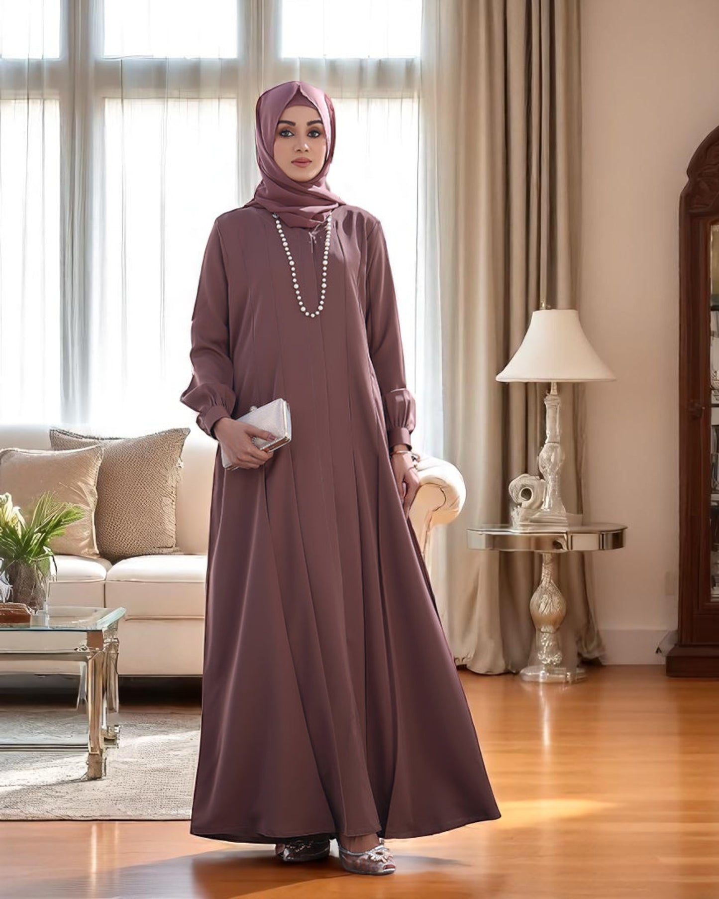 Elegant Firdaus Fabric Abaya Set with Matching Scarf