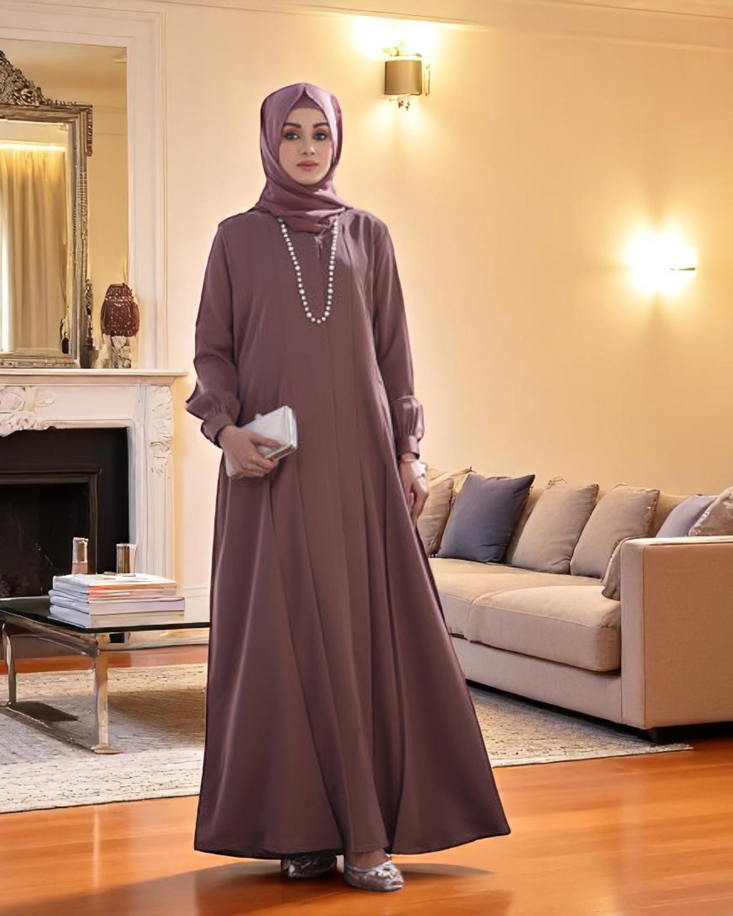 Elegant Firdaus Fabric Abaya Set with Matching Scarf