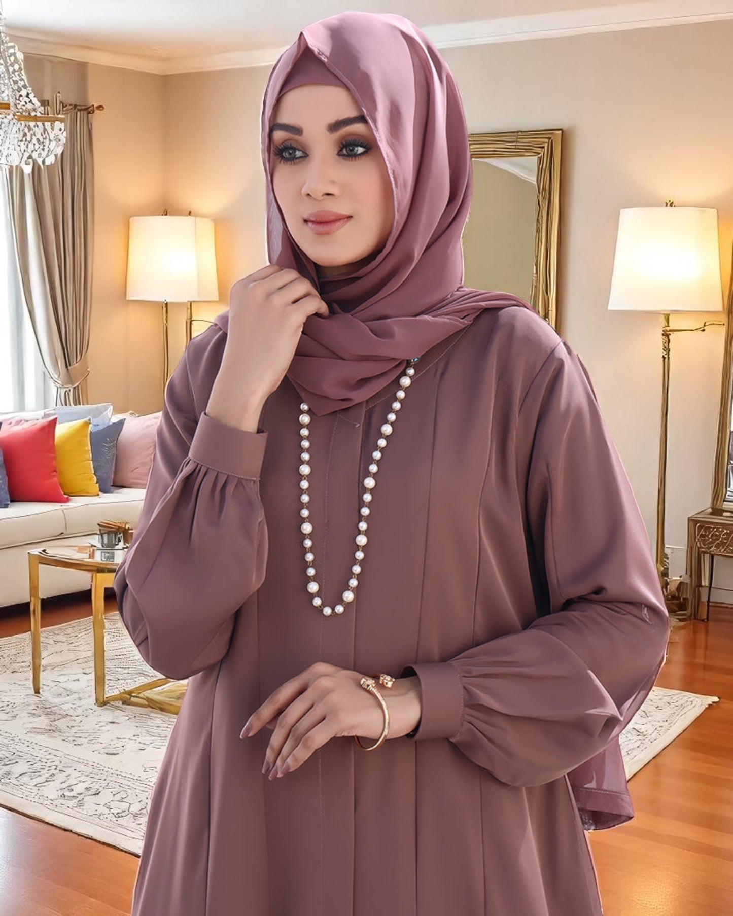 Elegant Firdaus Fabric Abaya Set with Matching Scarf