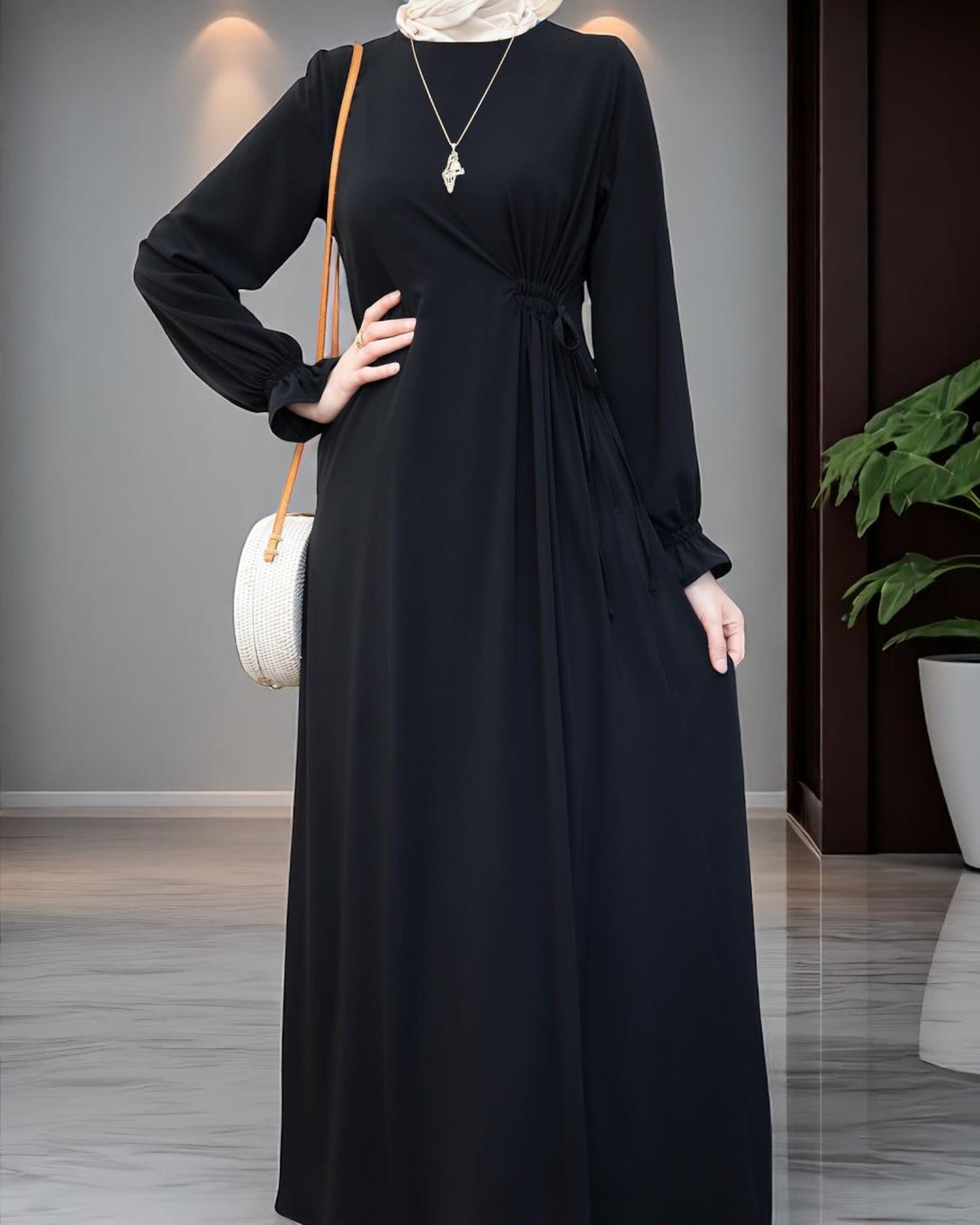 Simple & Elegant Firdaus Fabric Abaya with Side Belt Design & Complimentary Hijab