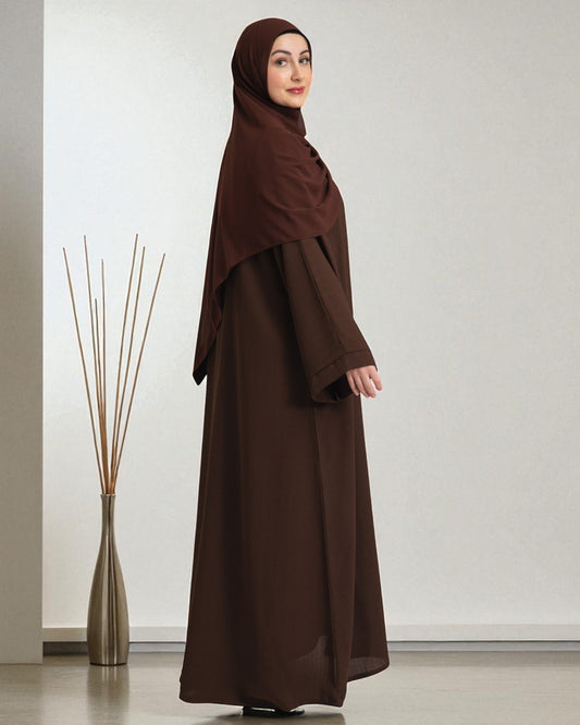 Abaya with Shrug Ð Chocolate Brown Firdaus Fabric with Nida Satin Inner & Hijab