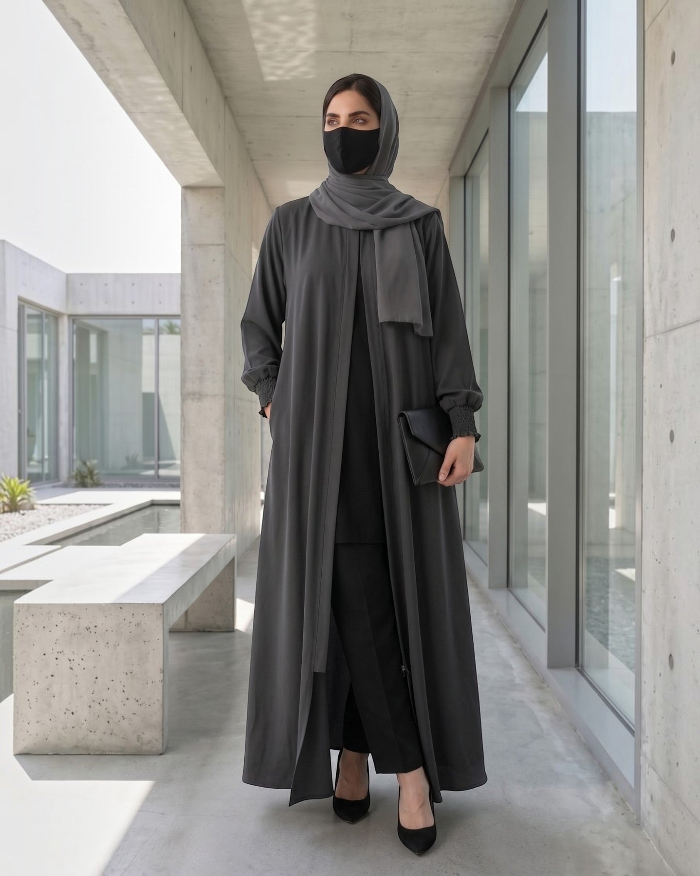 Front Open Abaya with Zipper Opening, Umbrella Flare and Matching Belt