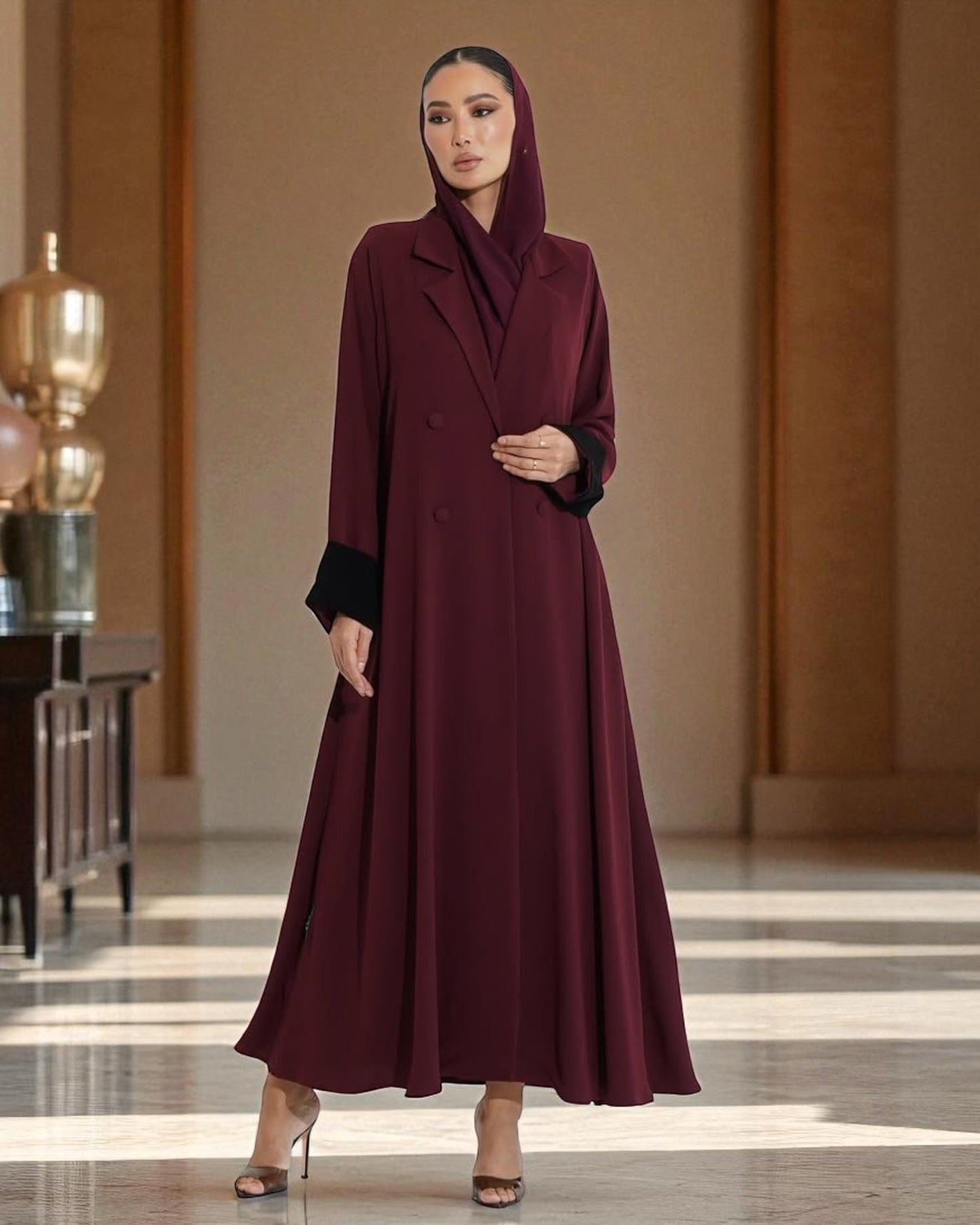 Elegant Double-Breasted Coat Style Abaya with Lapel Collar