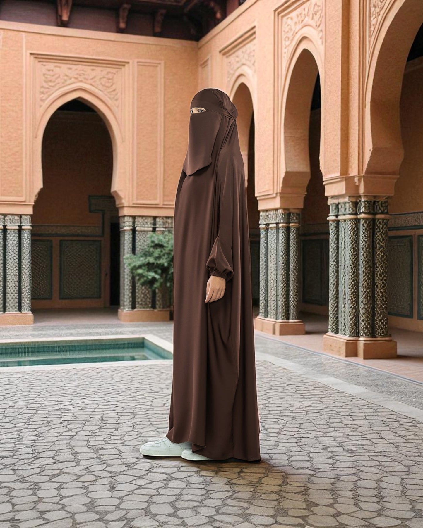 Firdaus Fabric Dark Brown One-Piece Jilbab with Nose Piece
