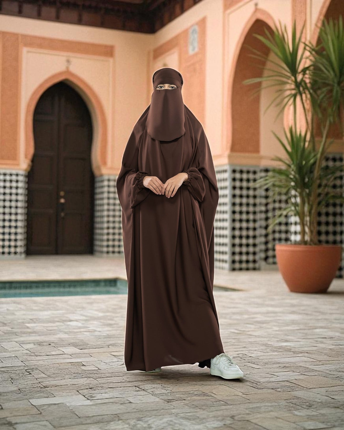 Firdaus Fabric Dark Brown One-Piece Jilbab with Nose Piece