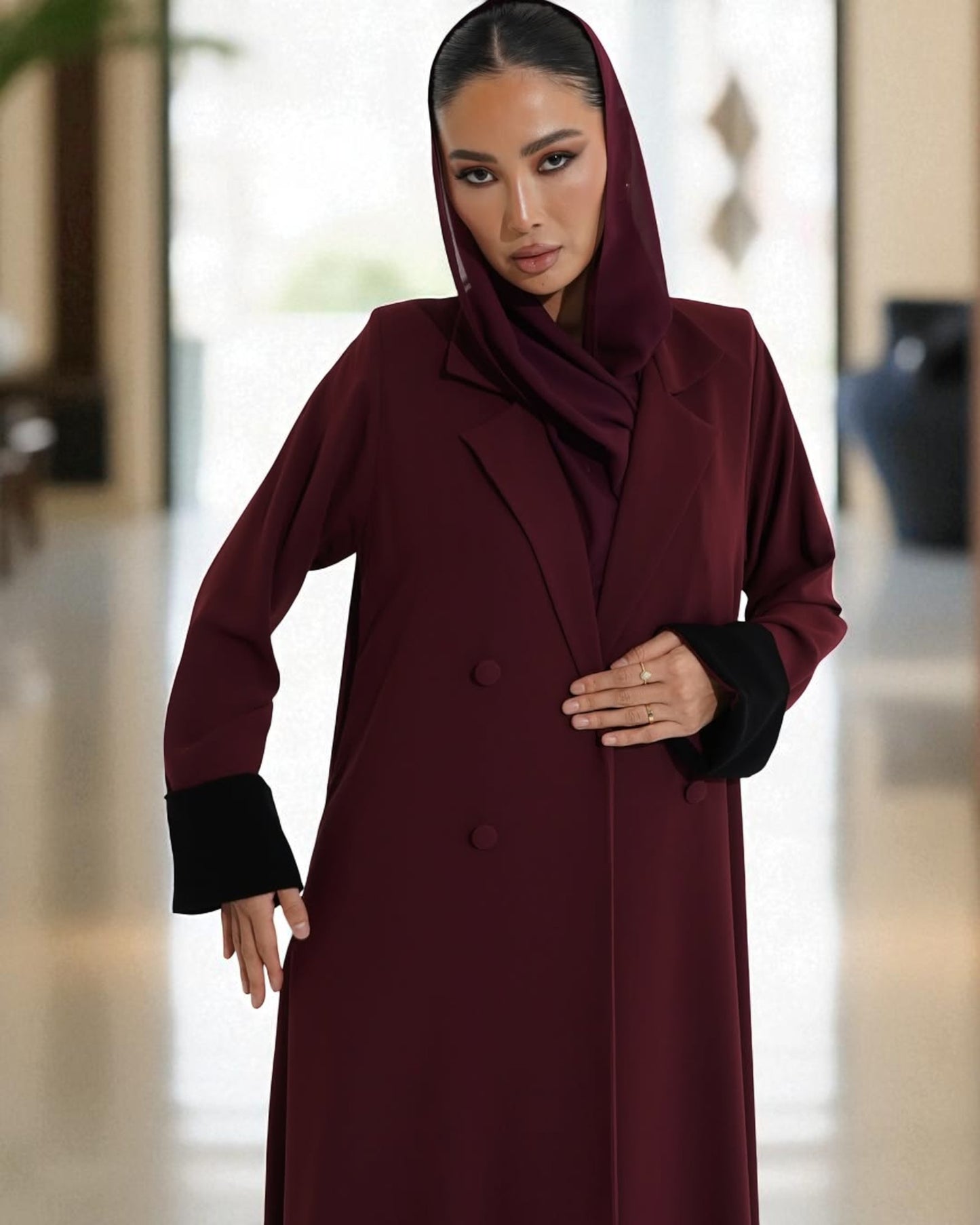 Elegant Double-Breasted Coat Style Abaya with Lapel Collar