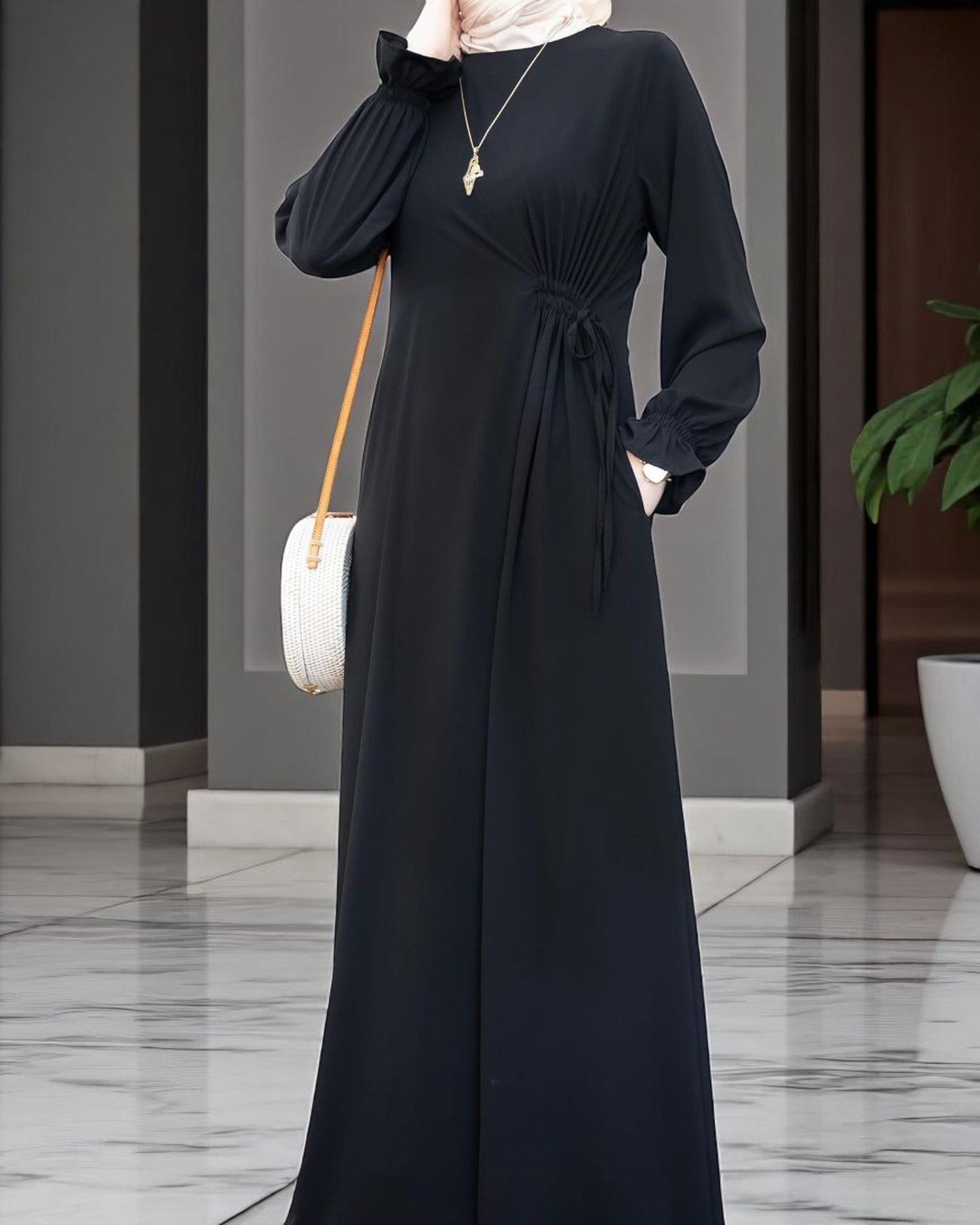 Simple & Elegant Firdaus Fabric Abaya with Side Belt Design & Complimentary Hijab