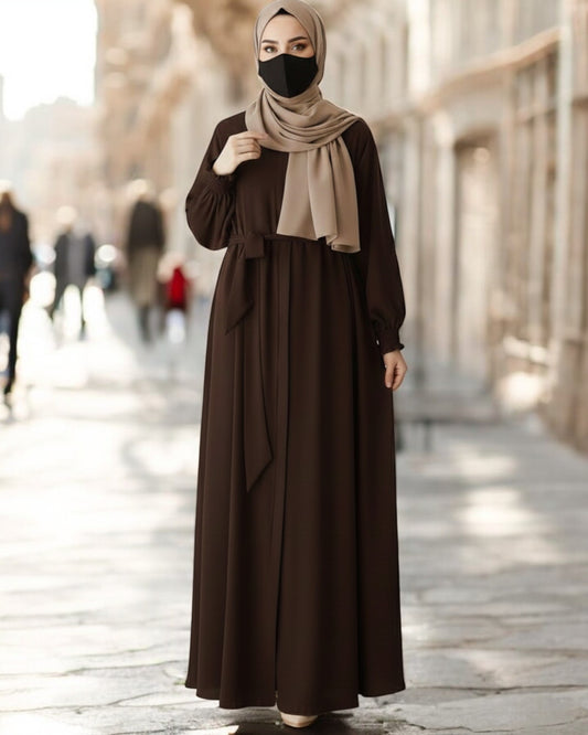 Front Open Abaya with Zipper Opening, Umbrella Flare and Matching Belt