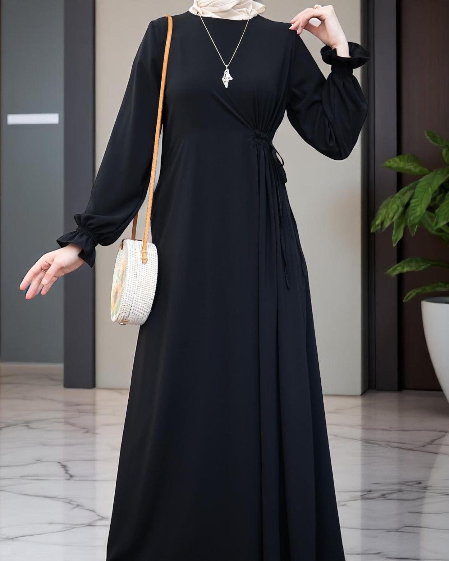 Simple & Elegant Firdaus Fabric Abaya with Side Belt Design & Complimentary Hijab