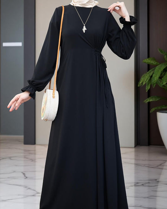 Simple & Elegant Firdaus Fabric Abaya with Side Belt Design & Complimentary Hijab