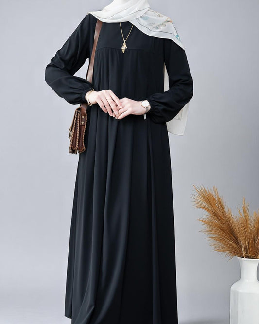 Simple & Elegant Firdaus Fabric Abaya with Pleats, Elasticated Cuffs, and Complimentary Hijab