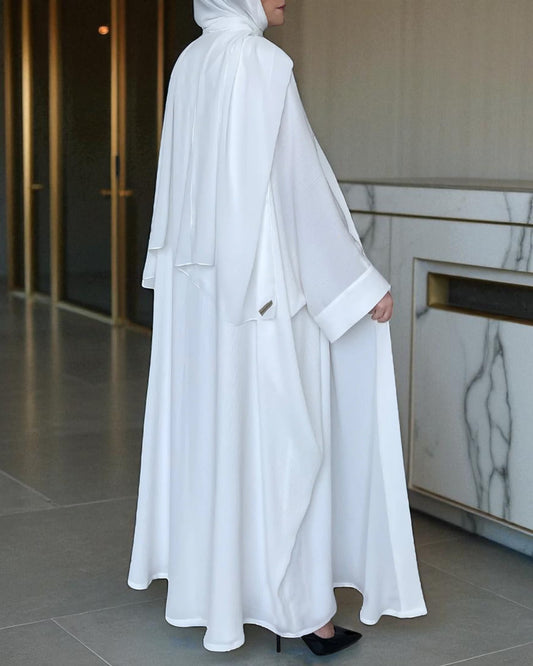 Front Open White Kaftan Abaya for Umrah in Nida Satin with Inner & Hijab