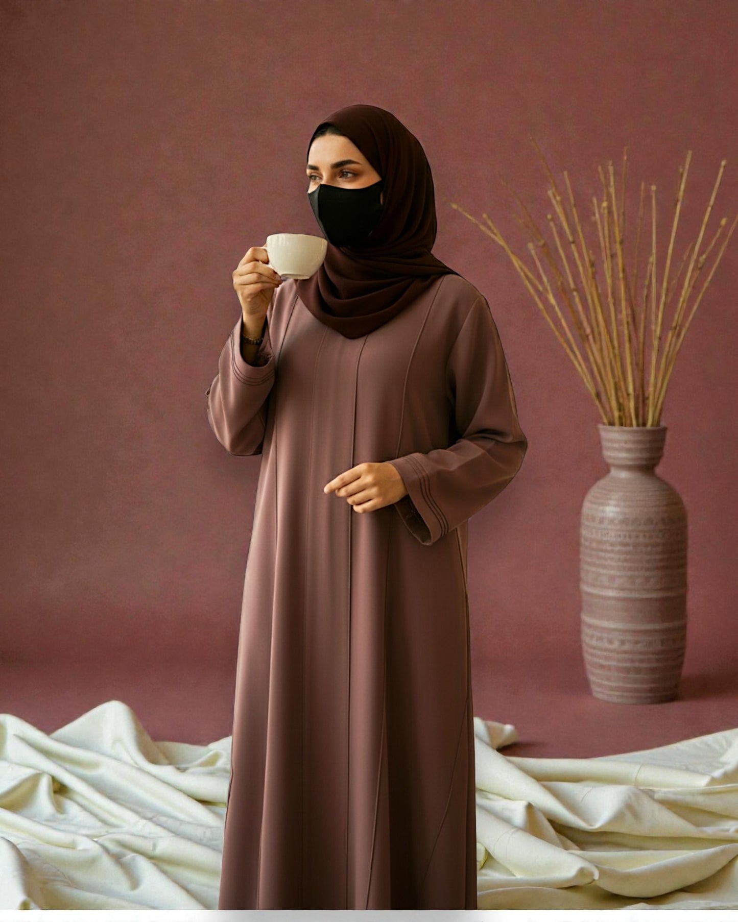 Premium Front Open Abaya for Women in Seltos Fabric with Pin Tuck Detailing and Black Hijab