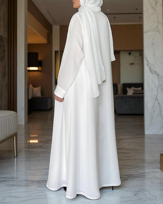 Front Open White Haj Abaya in Nida Satin with Inner and Hijab