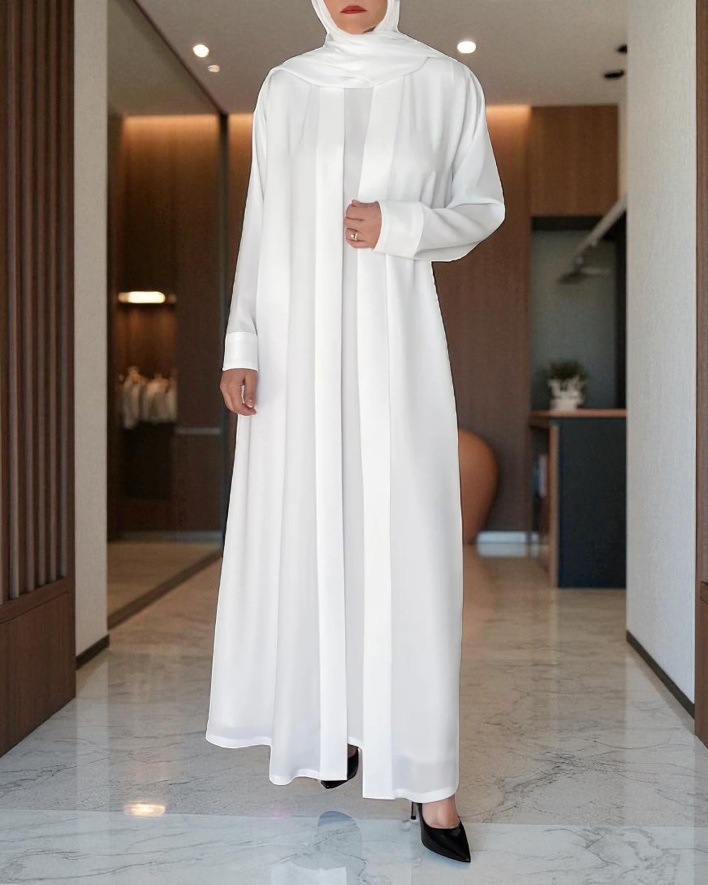 Front Open White Haj Abaya in Nida Satin with Inner and Hijab