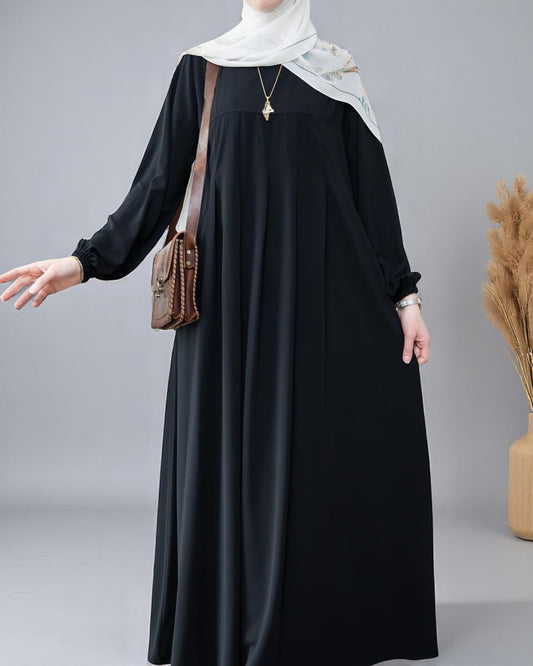 Simple & Elegant Firdaus Fabric Abaya with Pleats, Elasticated Cuffs, and Complimentary Hijab