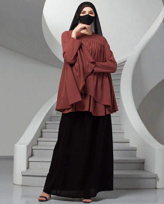 Modest Co-ord Set: Designer Loose-Fit Top with Frills and Flared Skirt