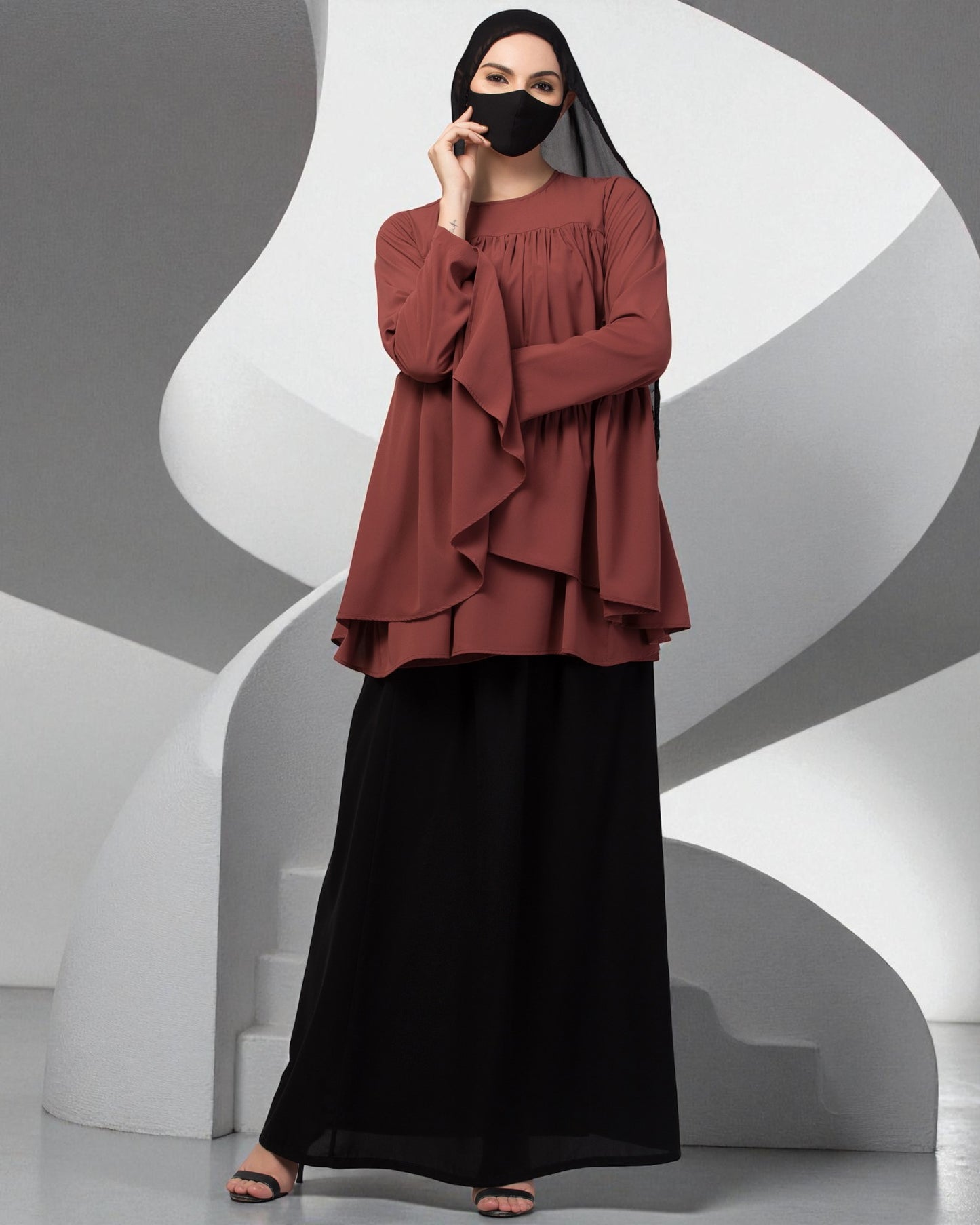 Modest Co-ord Set: Designer Loose-Fit Top with Frills and Flared Skirt