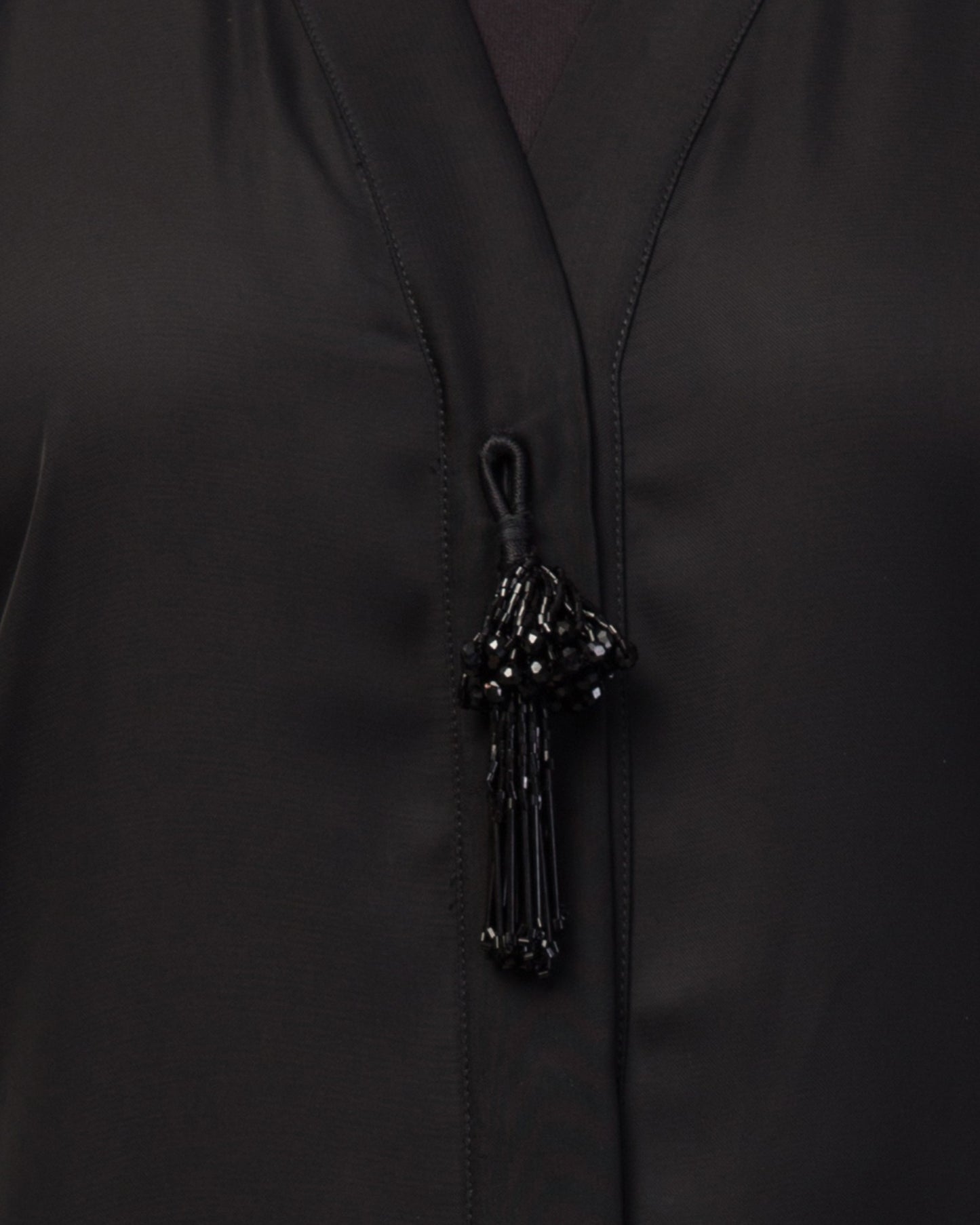 Front Open Abaya In Premium Praada Fabric With Embellished Tassels