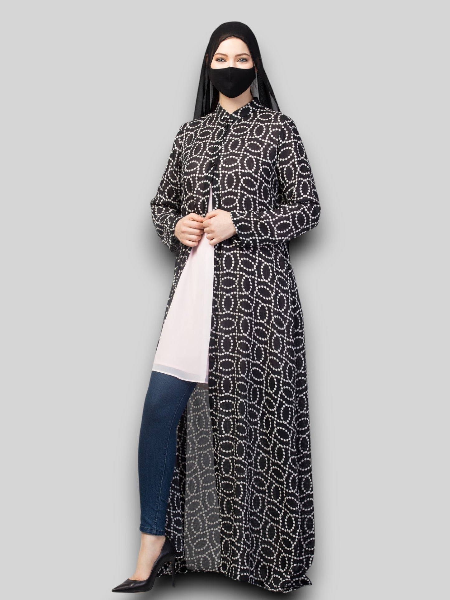 Printed Abaya – Black & Grey Chiffon Satin Open Gown