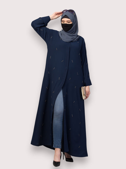 Navy Blue Front Open Abaya with Handwork – Premium Praada Fabric
