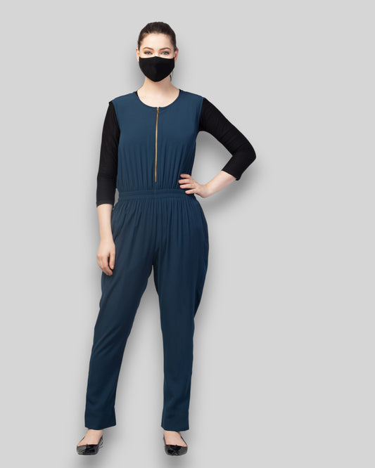 Jumpsuit Abaya – Teal Kashibo Set with Front-Open Coat & Hijab